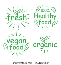 Retro style vector set of 100% bio, healthy, farm fresh, eco, organic, vegetarian, vegan food labels isolated on background. Restaurant menu logo or badge templates