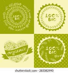 Retro style vector set of 100% bio organic logo label templates with floral and vintage elements: wreaths and frames, heart made of flowers with a ribbon for your text and polka dot seamless pattern.