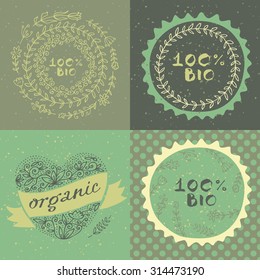 Retro style vector set of 100% bio organic logo or label templates with floral and vintage elements: wreaths and frames, heart made of flowers with a ribbon for text and polka dot seamless pattern