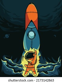 Retro Style Vector Of A Space Shuttle Taking A Flight To The Space With An Explosion On The Ground In A Monochromatic Color With A Chibi Astronaut Wearing A Space Suit Posing Filled With Power Png. 