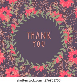 Retro style vector Thank You card illustration on seamless floral pattern with a wreath and place for text. Vintage decorative elements. Hand drawn background.
