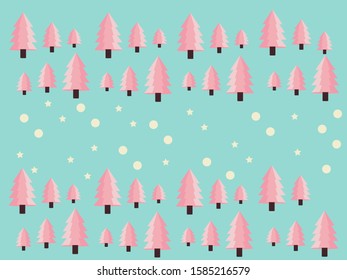 retro style vector that show blue background and pink christmas trees. seamless and white snow shapes. 