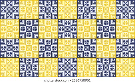 Retro style vector tile pattern featuring a bright yellow and navy blue color combination. The design showcases symmetrical geometric motifs with tribal and spiral line elements, perfect for design