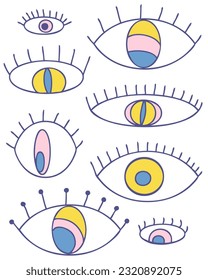 Retro style vertical tee print with doodle eyes. Psychedelic vector illustration for decor and design.


