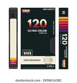 Retro style VHS video cassettes front view with label and black cover, cover side view. Empty labels with lines for text. Magnetic cassette label fantasy 90s cover design. Vector illustration.