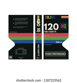 Retro style video cassette three side cover. Back and sides of paper cover. VHS cassette box fantasy 80s design.