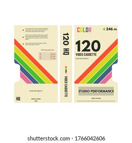 Videocámara de vídeo de estilo retro con tres caras. Parte posterior y parte posterior de la cubierta de papel. Diseño de la caja de cassette VHS de fantasía de los años 80. Color T-120 para NTSC con HQ. 