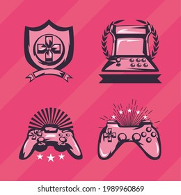 retro style video game badges set icons