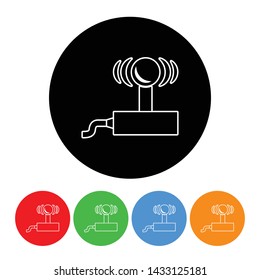 Retro style video game joystick icon with an outline style in a black circle vector video games controller joystick illustration sign symbol with four color variations isolated on a white background