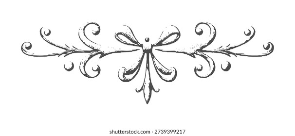 Retro style vignette or decorative divider print for text, book or invitation embellishment, with swirls and floral centerpiece, ornamental art.