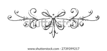 Retro style vignette or decorative divider print for text, book or invitation embellishment, with swirls and floral centerpiece, ornamental art.