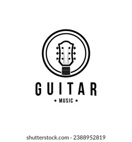 Retro style vintage guitar musical instrument logo design idea with label circle