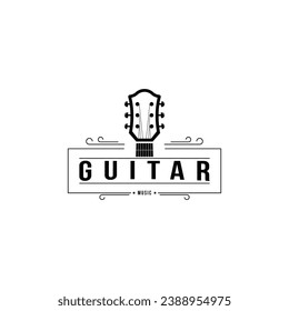 Retro style vintage guitar musical instrument logo design idea with label