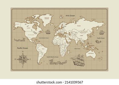 retro style vintage world map infographic