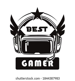 Retro style of virtual reality set vector illustration. Monochrome VR glasses with wings. Videogame and computer tournament concept can be used for retro template, banner or poster