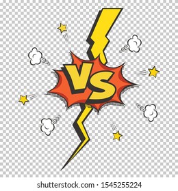 Retro style VS vector logo. Versus letters on transparent background. Battle, match, duel, competition concept. Comic superheroes clash vector illustration. Cartoon speech bubble and lightning