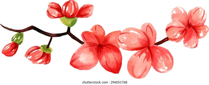 A retro style watercolor drawing of a branch of abstract red flowers, scalable vector graphic