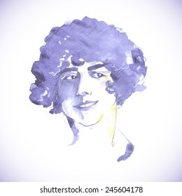 Retro style watercolor portrait of pretty young woman.  Elegant vintage lady.  Vector illustration.
