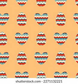 Retro style wavy Easter eggs and hearts seamless pattern. Perfect print for tee, paper, fabric, textile. Vintage vector illustration for decor and design.

