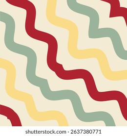 A retro style wavy line pattern with red, green, and yellow zigzag strokes on a cream background.
