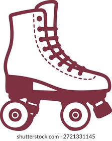 A retro style white quad roller skate with laces and maroon frame and wheels.