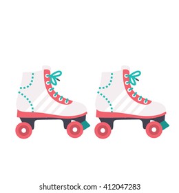 Retro Style White Woman Roller Blades Icon. Skating Vector Illustration. Isolated On White. Flat Design. 