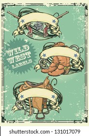 Retro style Wild West logos design with ribbon banners and space for text on it. Grunge effect is removable
