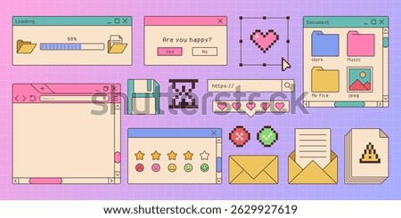 Retro style window browser assets set. Cute interface elements from old school websites - loading bar, dialog box, search form, emoticon icon, floppy disk and folders. Nostalgic 90s inspired UI design