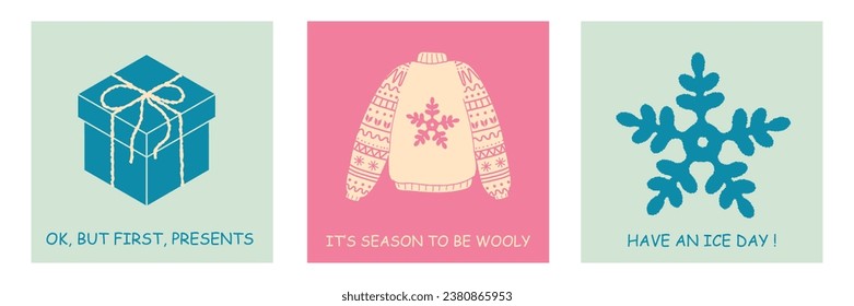 Retro style winter season greeting card. Merry Christmas and New Year holiday concept. Gift box, sweater, snowflakes with texture. Hand drawn trendy vector illustration.