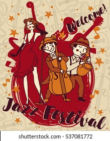 Retro style woman and band singing jazz music, jazz festival poster, vector illustration