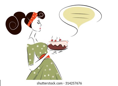 Retro Style Woman with a Cherry Cake and Text Bubble