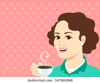 retro style woman with coffee cup on pink polka dots background . pop art 