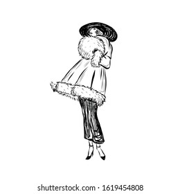 Retro style woman dressed in coat with fur sleeves and collar, long skirt and broad-brim cap. Lady in vintage style from the nineteenth century. Drawing for coloring. Graphic female silhouette.