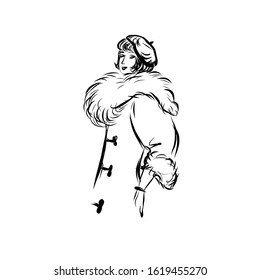 Retro style woman dressed in coat with fur collar and beret. Lady in vintage style from the nineteenth century. Drawing for coloring. Graphic female silhouette.