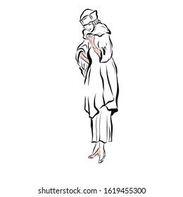 Retro Style Woman Dressed In Long Coat, Cap And Pink Gloves. Lady In Vintage Style From The Nineteenth Century. Drawing For Coloring. 