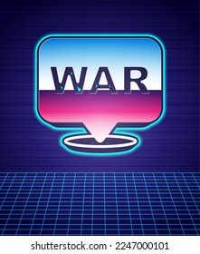 Retro style The word war icon isolated futuristic landscape background. International military conflict. Army. Armament. Nuclear weapon. Template for text. 80s fashion party. Vector