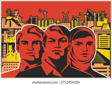 Retro-Stil arbeitende Propaganda Poster, arbeitende Menschen, Fabrik, Anlage, Baustelle. Vektorgrafik des Vintage-Platzierungsstils
