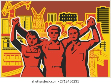 Cartaz de propaganda de trabalho estilo retrô, pessoas de trabalho, fábrica, fábrica, local de construção. Ilustração de vetor de estilo de placa de vídeo vintage