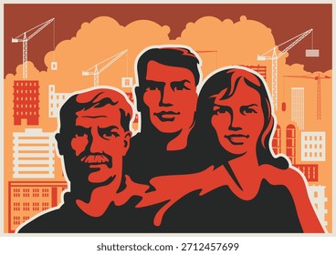 Retro-Stil arbeitende Propaganda Poster, arbeitende Menschen, Fabrik, Anlage, Baustelle. Vektorgrafik des Vintage-Platzierungsstils
