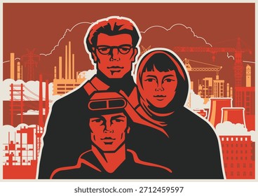 Retro-Stil arbeitende Propaganda Poster, arbeitende Menschen, Fabrik, Anlage, Baustelle. Vektorgrafik des Vintage-Platzierungsstils