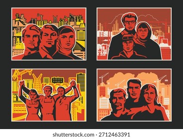 Retro Style Working Propaganda Poster Set, Working People, Factory, Plant, Construction Site. Vintage Placards Style Vector Illustrations