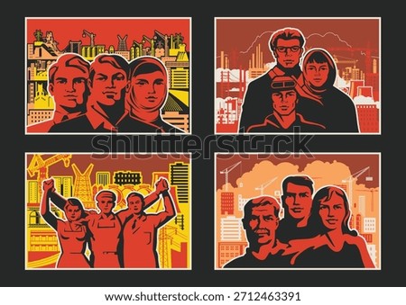 Retro Style Working Propaganda Poster Set, Working People, Factory, Plant, Construction Site. Vintage Placards Style Vector Illustrations
