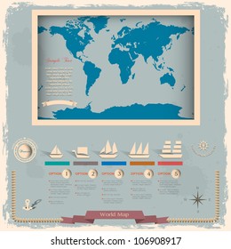 Retro style world map with nautical design elements.Vector template