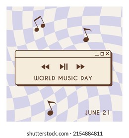 Retro style World Music Day square card, banner design. Vintage music devices, vinyl record disc and cassette tape. Nostalgic old-fashioned vector illustration in flat style.