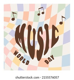 Retro style World Music Day square card, banner design. Vintage music devices, vinyl record disc and cassette tape. Nostalgic old-fashioned vector illustration in flat style.