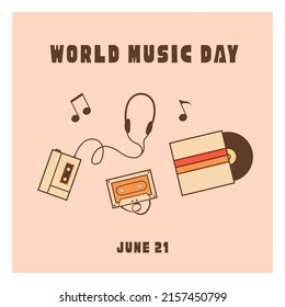 Retro style World Music Day square card, banner design. Vintage music devices, vinyl record disc and cassette tape. Nostalgic old-fashioned vector illustration in flat style.