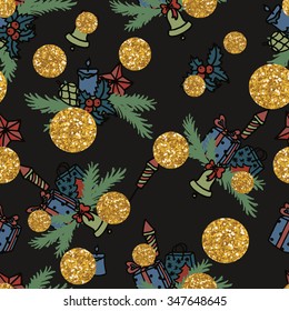 Retro style xmas and new year doodle seamless pattern with golden dots.