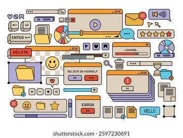 Retro style Y2K UI and UX elements flat set. Retro frames and computer game elements. Nostalgic style of 80s, 90s. Cartoon Old computer screen. Retro vector windows Vaporwave.