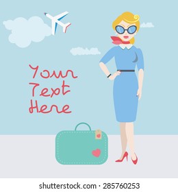 Retro style young blonde beautiful, fashionable girl with her suitcase, airplane in the sky flying into the clouds. She is ready to travel, or to work as a stewardess. Text/card/illustration/template.