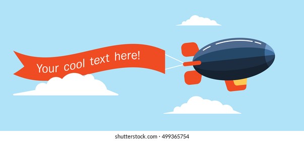 Retro styled airship with the ribbon with advertisement text. Flat design illustration. Perfect for web banners and advertisement. 